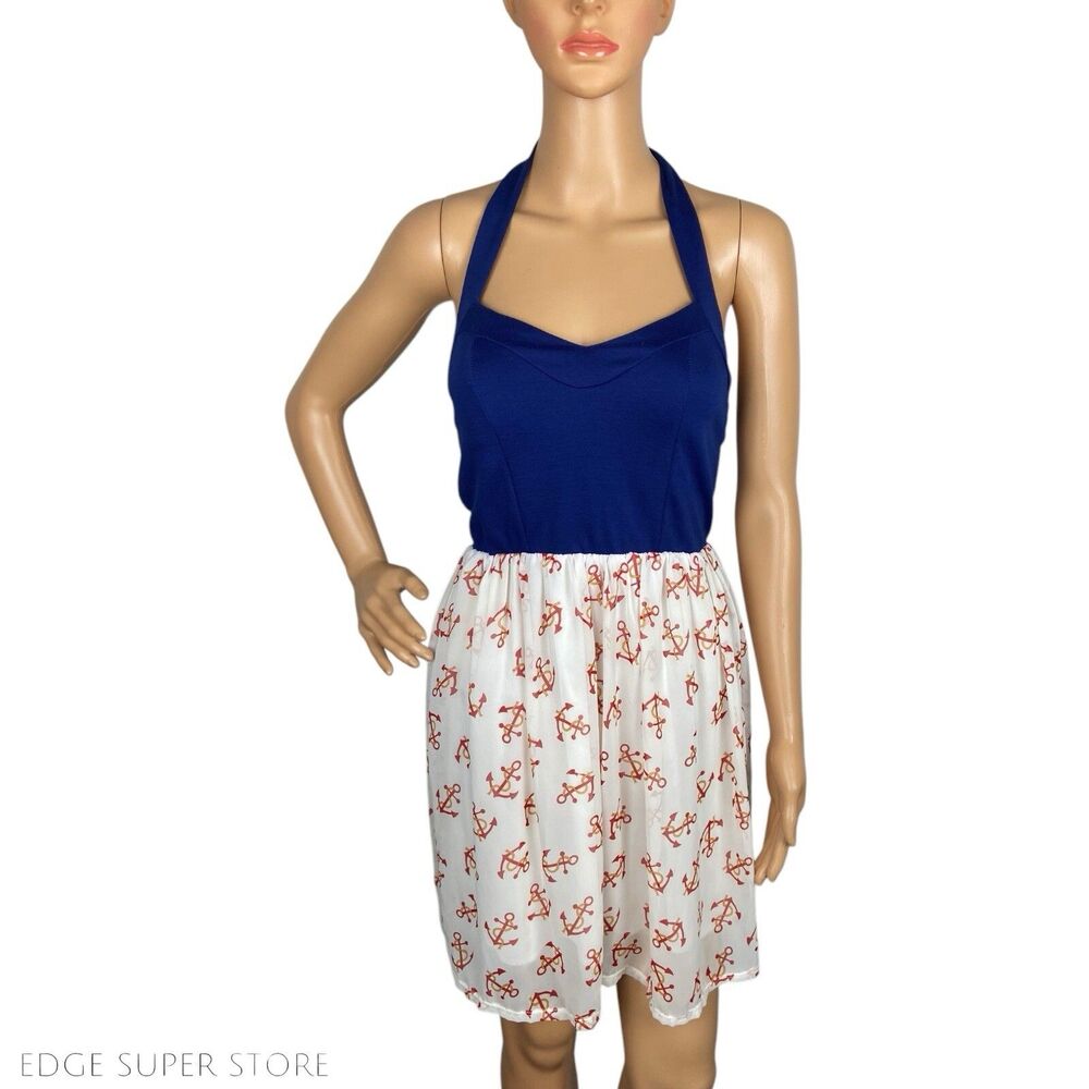 Body Central Blue Sleeveless Halter Cruise Anchor Boat Print Dress Size Small